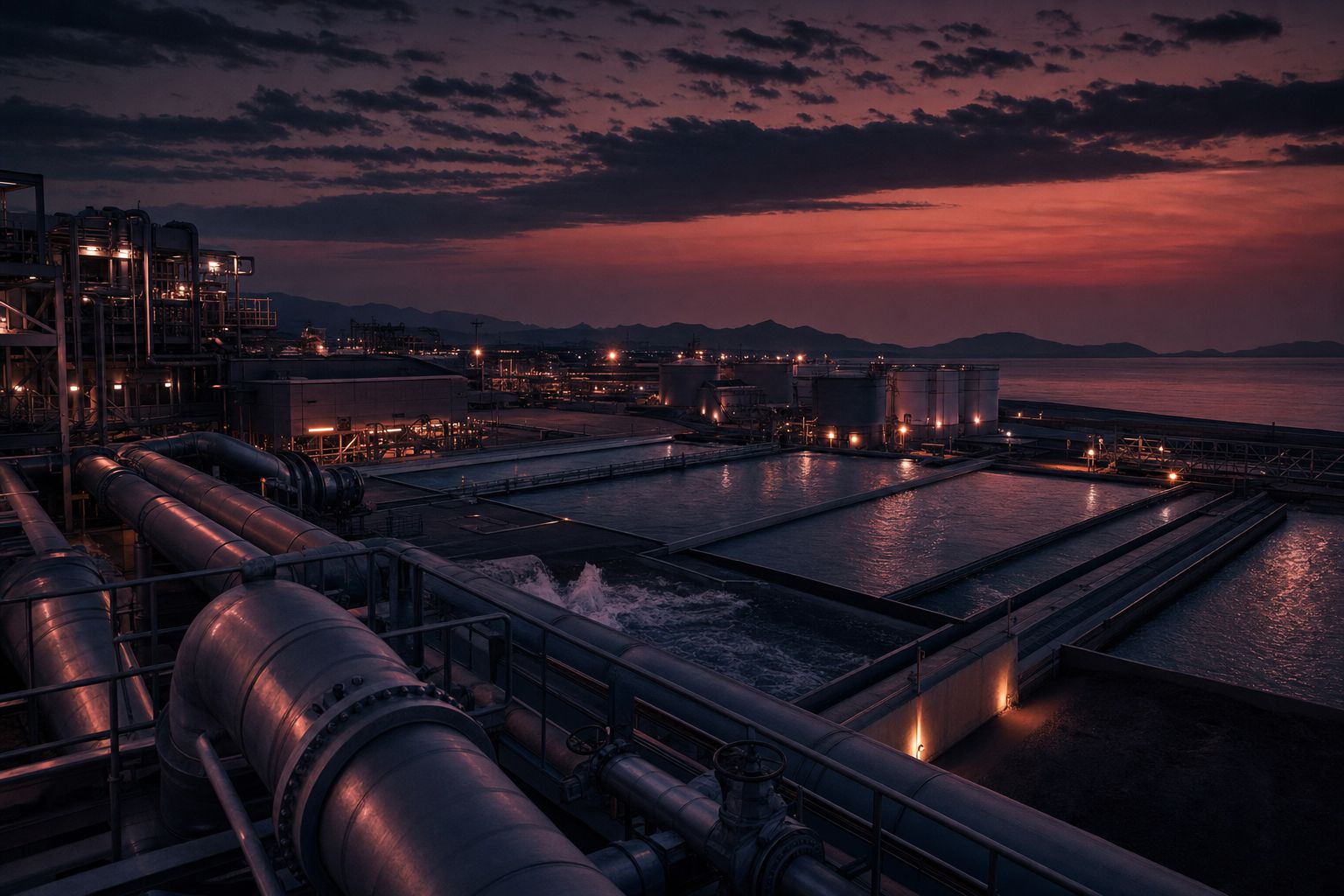 Water infrastructure and desalination facility at dusk